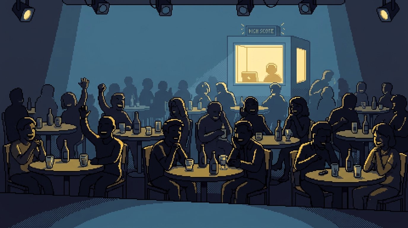 The room leaning forward, hands half raised