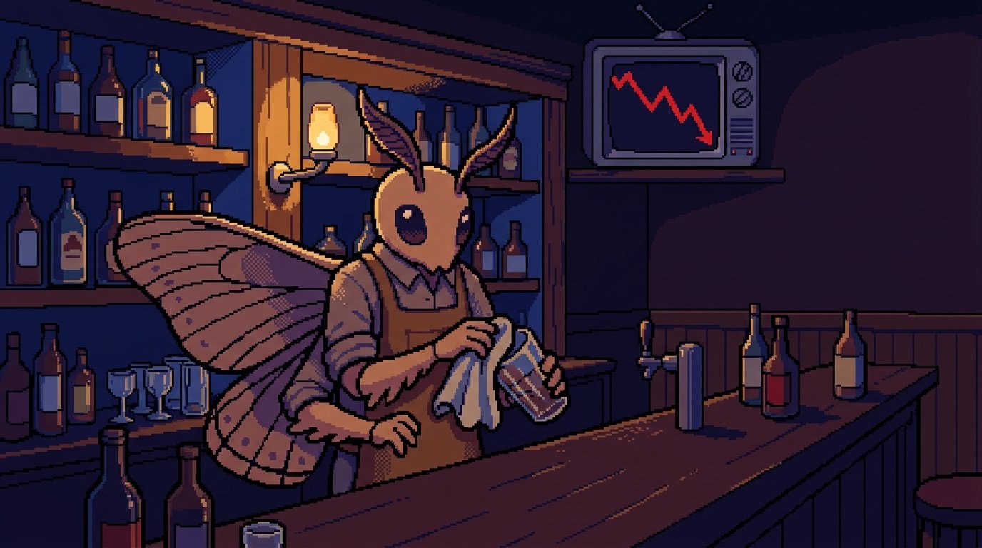 Moth the barback wiping a glass under the bar TV