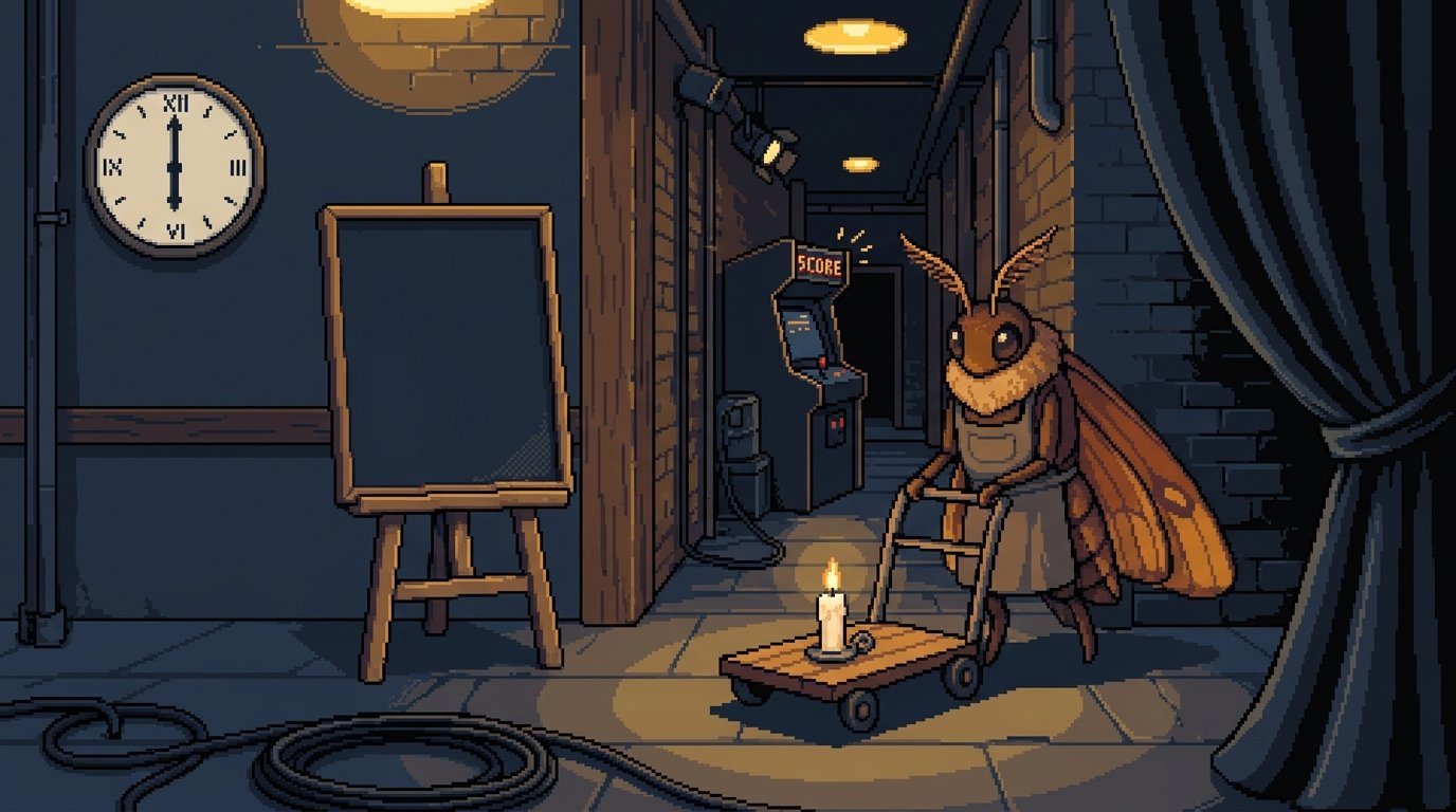 Backstage at midnight, Moth wheeling in tonight's candle