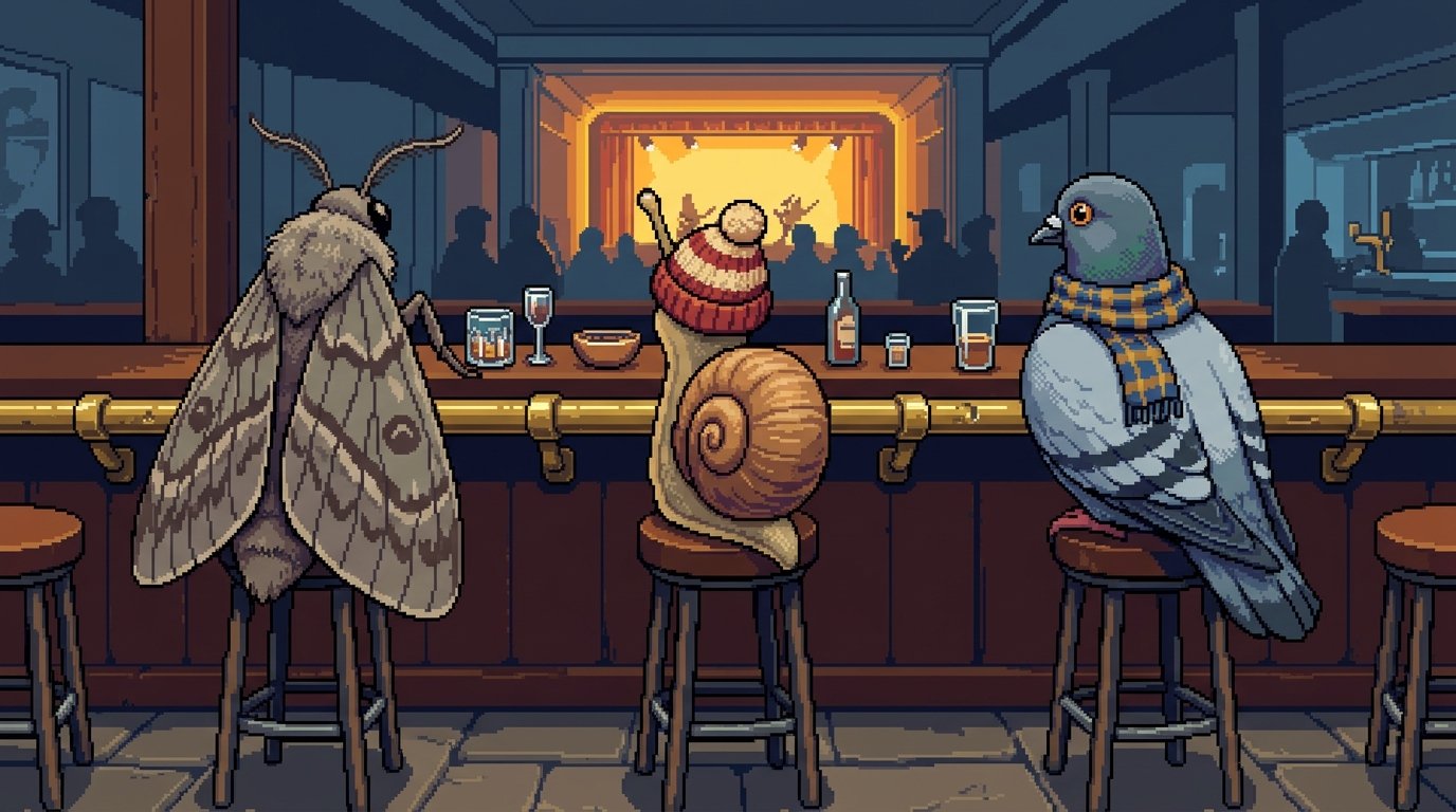 The regulars at the bar rail, seen from behind