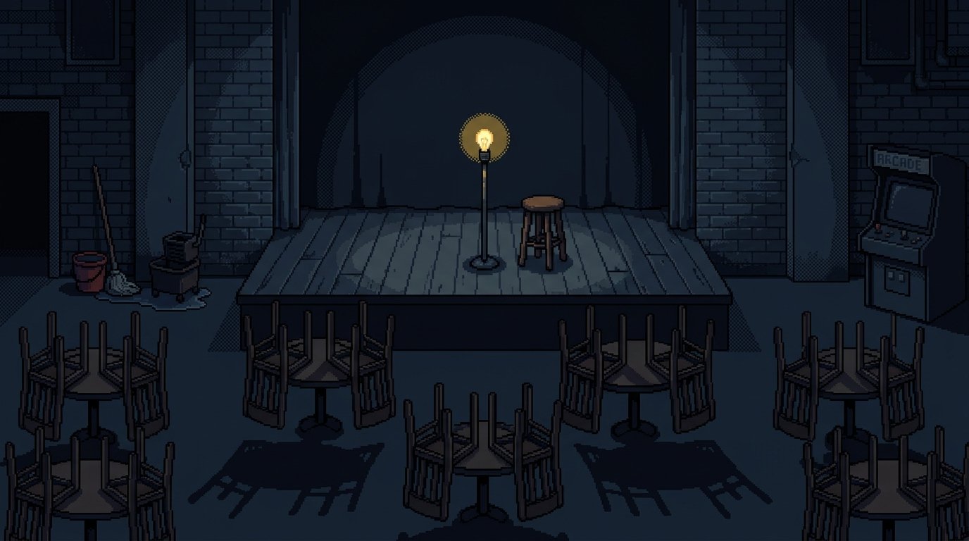 Closing time: chairs up and a single ghost light